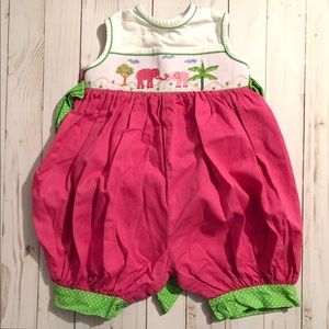 🐘 Pink Green Embroidered Smocked Romper Elephant